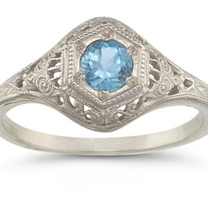 Antique Replica Blue Topaz Ring in 14K White Gold