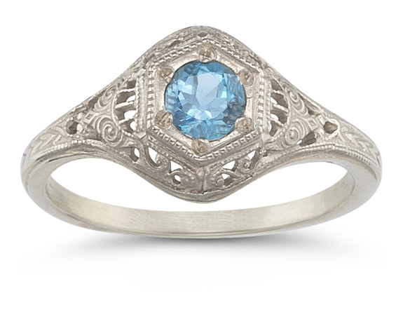 Antique Replica Blue Topaz Ring in 14K White Gold