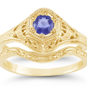 Antique-Style 1800s Era Tanzanite Engagement and Wedding Ring Set, 14K Yellow Gold