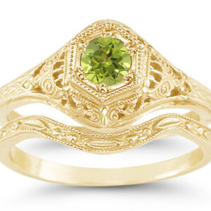 Antique-Style 1800s Green Peridot Bridal Wedding Ring Set, 14K Yellow Gold