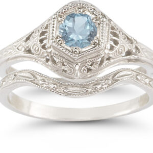 Antique-Style Aquamarine Wedding Ring Set
