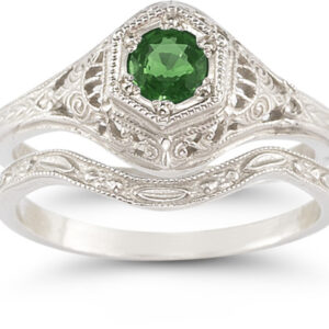 Antique-Style Emerald Wedding Ring Set