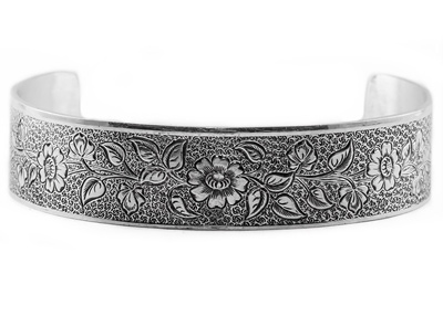 Antique-Style Engraved Flower Cuff Bangle Bracelet in Sterling Silver