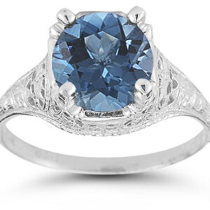 Antique-Style Floral Blue Topaz Ring in 14K White Gold