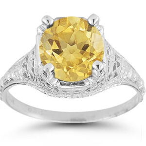Antique-Style Floral Citrine Ring in 14K White Gold