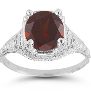 Antique-Style Floral Garnet Ring in 14K White Gold