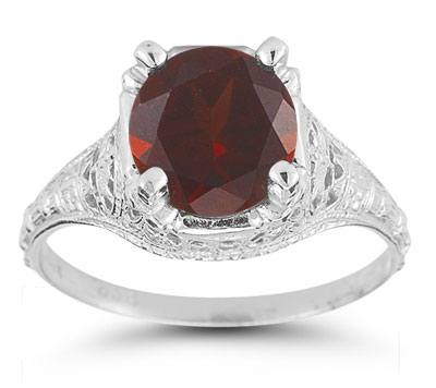 Antique-Style Floral Garnet Ring in Sterling Silver