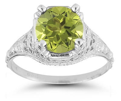 Antique-Style Floral Peridot Ring in 14K White Gold