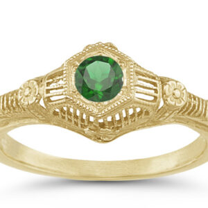 Antique-Style Green Flower Band Emerald Ring in 14K Yellow Gold