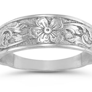 Antique-Style Paisley Flower Band, 14K White Gold