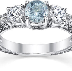 Antique-Style Three Stone Diamond and Aquamarine Engagement Ring, 14K White Gold