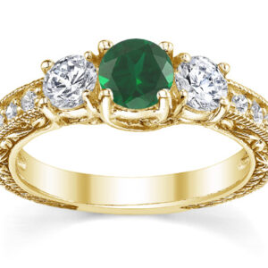 Antique-Style Three-Stone Green Emerald and Diamond Engagement Ring, 14K Yellow Gold