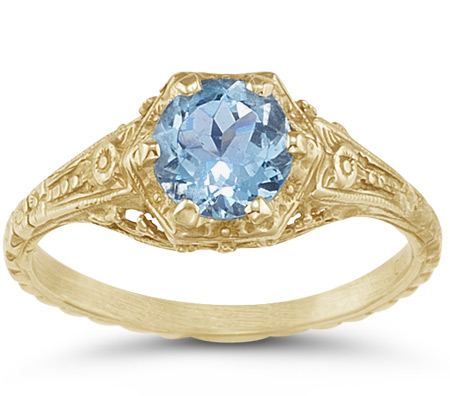 Antique-Style Victorian-Period Floral Blue Topaz Ring in 14K Yellow Gold