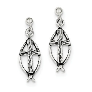 Antiqued Ichthus Fish Cross Earrings in Silver