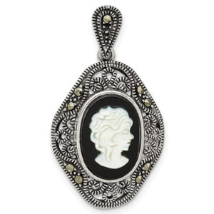 Antiqued Silver Marcasite Black Agate and Mother of Pearl Cameo Pendant