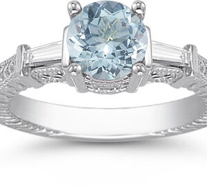 Aquamarine and Baguette Diamond Engagement Ring, 14K White Gold