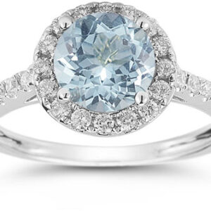 Aquamarine and Diamond Halo Gemstone Ring in 14K White Gold