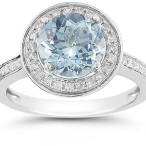 Aquamarine and Diamond Halo Ring in 14K White Gold
