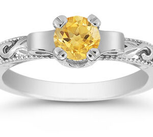 Art Deco Citrine Engagement Ring, 14K White Gold