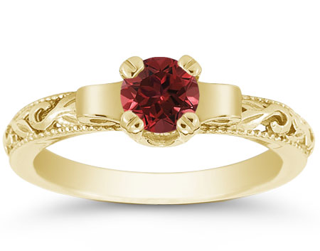 Art Deco Crimson Garnet Ring, 14K Yellow Gold