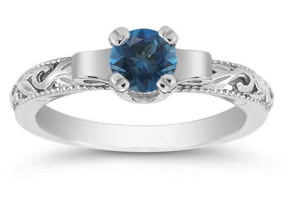 Art Deco London Blue Topaz Engagement Ring, 14K White Gold
