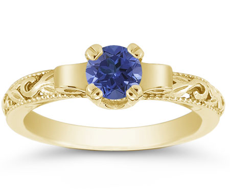Art Deco Period Blue Sapphire Engagement Ring, 14K Yellow Gold