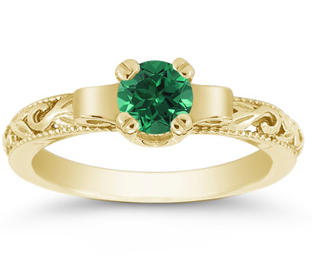 Art Deco Period Emerald Engagement Ring, 14K Yellow Gold