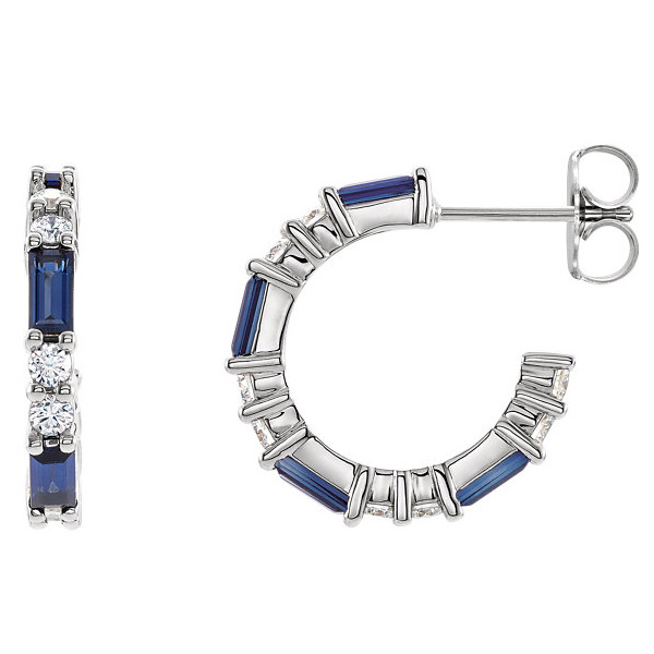 Baguette Blue Sapphire and 1/2 Carat Diamond Earrings, 14K White Gold