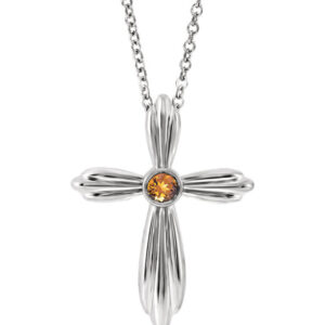 Bezel-Set Citrine Cross Necklace, 14K White Gold