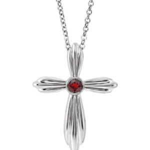 Bezel-Set Red Garnet Cross Necklace, 14K White Gold