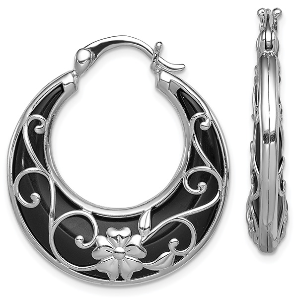 Black Onyx Flower Hoop Earrings, Sterling Silver
