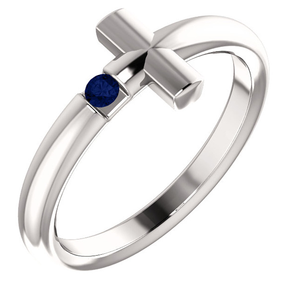 Blue Sapphire Cross Ring for Women, 14K White Gold