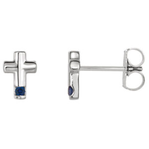 Blue Sapphire Cross Stud Earrings, 14K White Gold