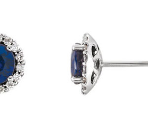 Blue Sapphire Diamond Stud Earrings Basket Settings, 14K White Gold
