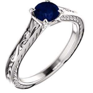 Blue Sapphire Scroll-Work Ring in 14K White Gold