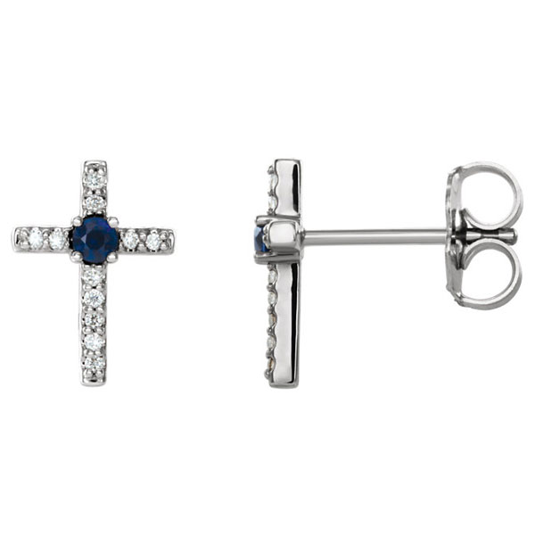 Blue Sapphire and Diamond Cross Earrings, 14K White Gold