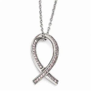 CZ Brilliant Embers Polished Awareness Ribbon Necklace in Sterling Silver