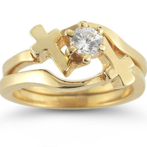 CZ Cross Engagement and Wedding Ring Set in 14K Yellow Gold