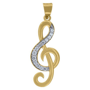 CZ treble clef music pendant 14k gold