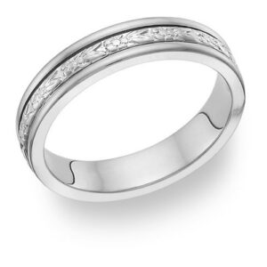 Carved Flower White Gold Wedding Band Ring, 14K