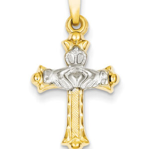 Celtic Claddagh Cross Pendant, 14K Two Tone Gold