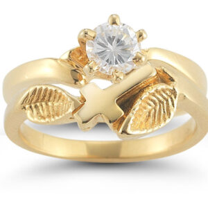 Christian Cross Diamond Bridal Wedding Ring Set in 14K Yellow Gold