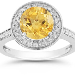 Citrine and Diamond Halo Ring in 14K White Gold