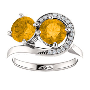 Citrine and Diamond Swirl Design 2 Stone Ring in 14K White Gold