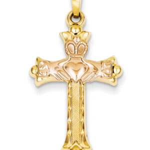 Claddagh Cross Pendant in 14K Yellow and Rose Gold