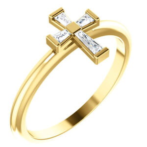 Cubic Zirconia Baguette Cross Ring for Women, 14K Gold