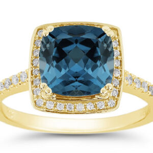 Cushion-Cut Deep London Blue Topaz and Diamond Halo Ring, 14K Yellow Gold