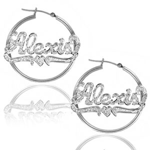 Custom Name Hoop Earrings in Sterling Silver & Rhodium with Heart