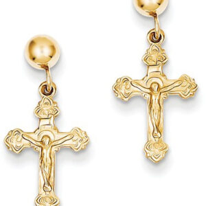 Dangling Crucifix Design Earrings in 14K Gold