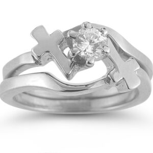 Diamond Cross Engagement and Wedding Ring Bridal Set in 14K White Gold